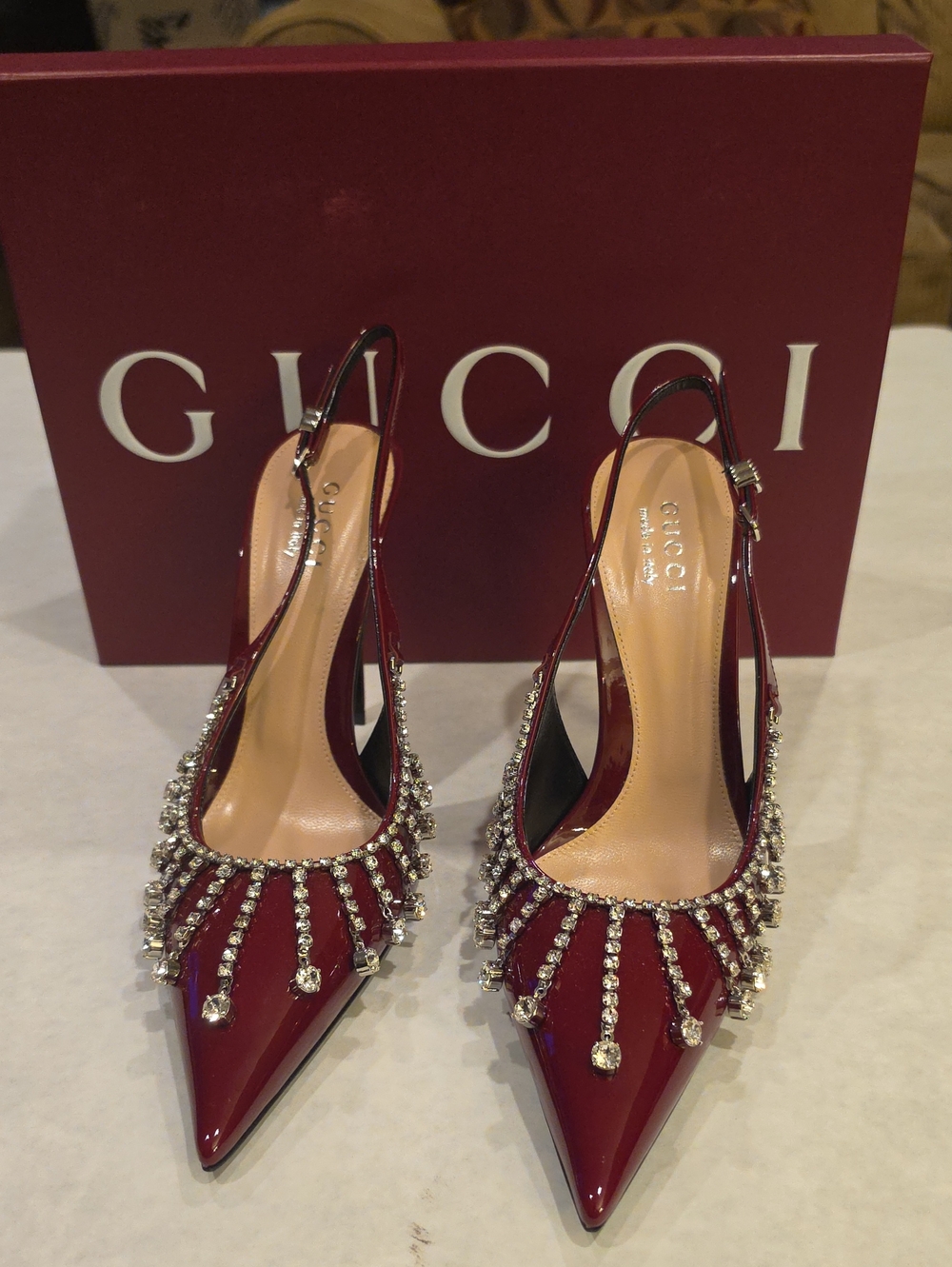 Gucci Burgundy Patent Slingback Pumps with Crystal Fringe